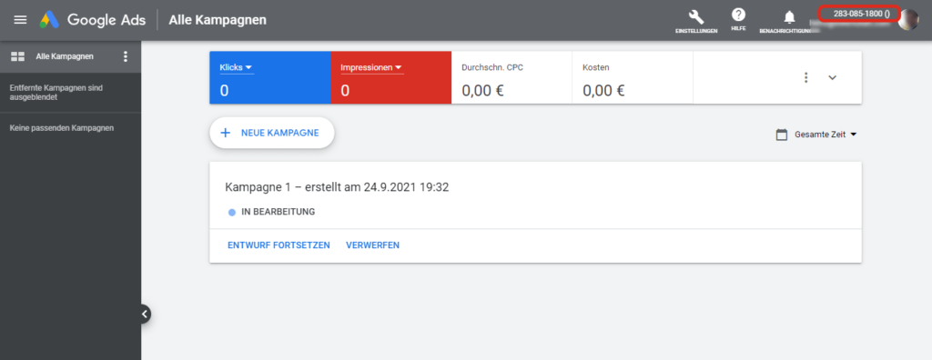 Dashboard Google Ads Konto