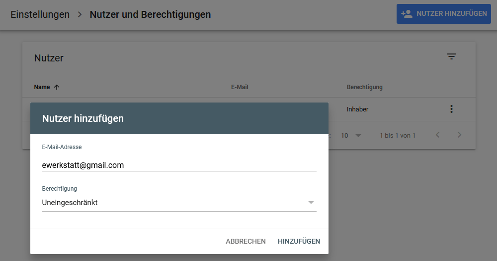So fügen Sie das Team der E-Werkstatt Ihrem Google Search Console Konto hinzu.