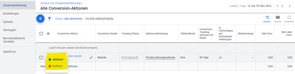 Conversion-Aktion entfernen