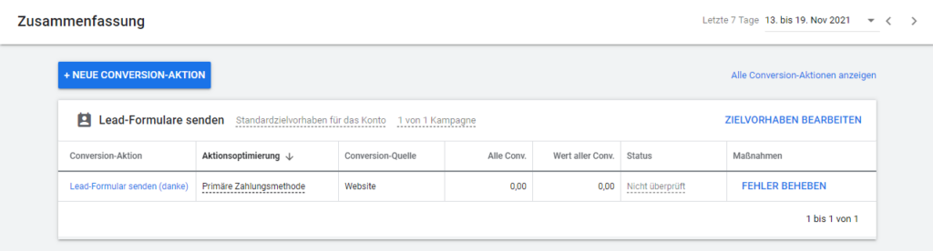 Liste an Conversion-Aktionen