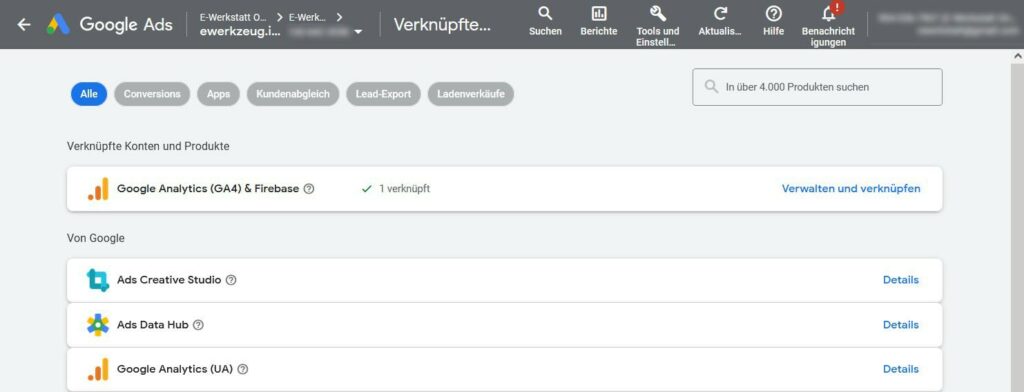 Google Ads Konten verknüpfen - Liste