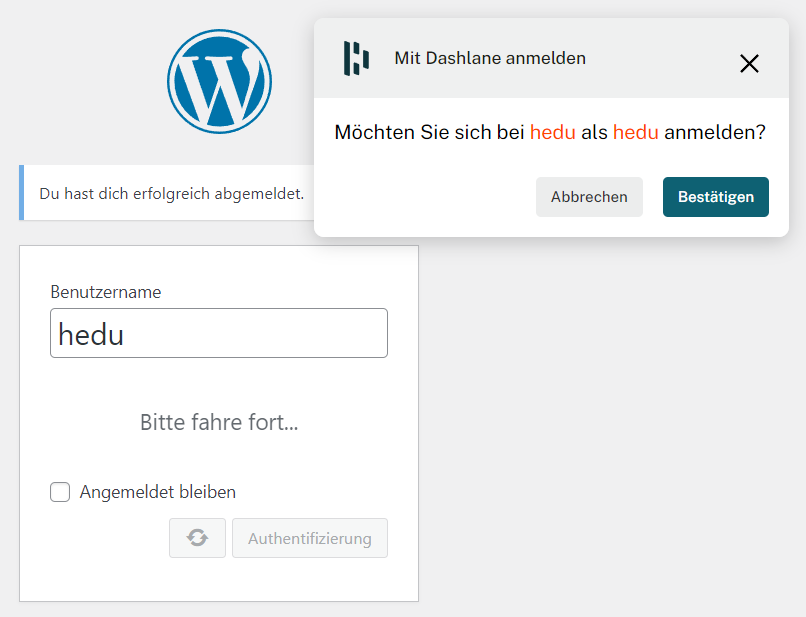 Passkeys mit Dashlane für die WordPress Anmeldung