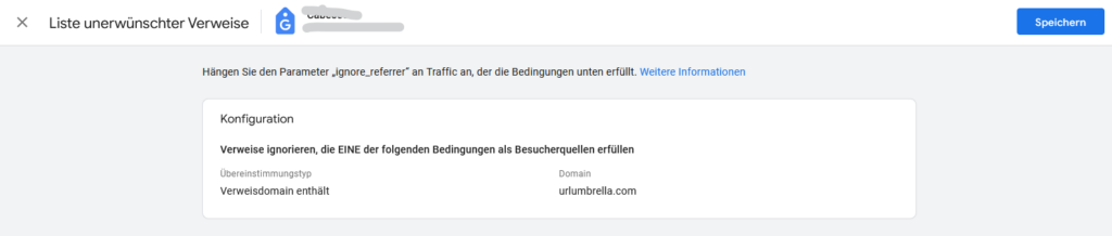 Der Eintrag von urlumbrella.com in der Liste Unerwünschter Verweise