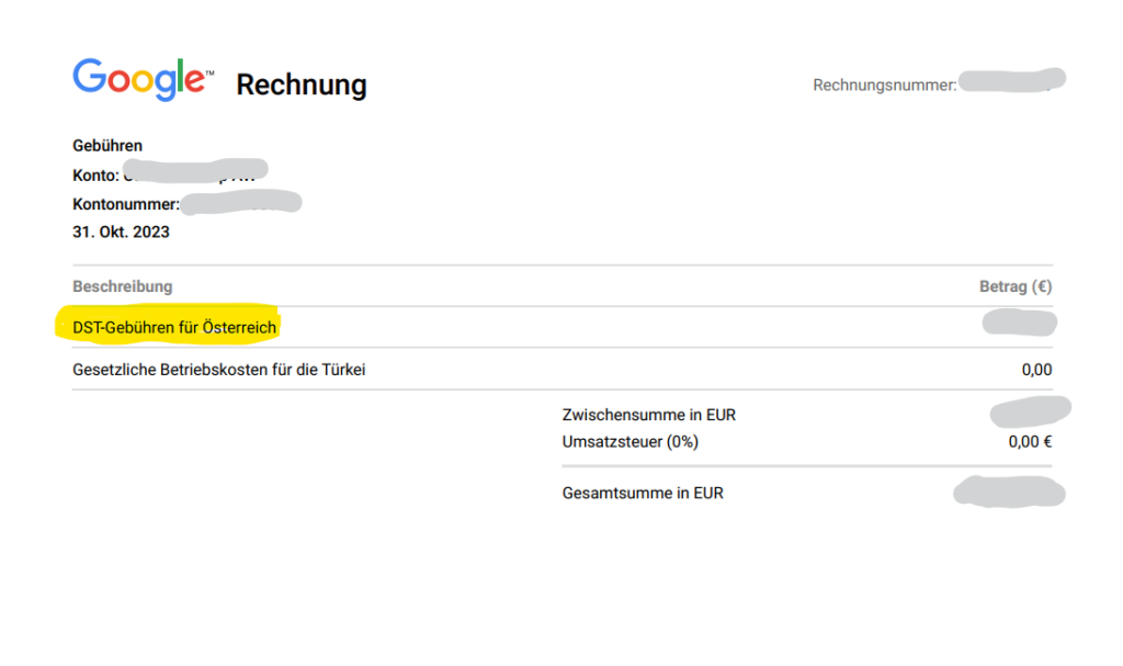 Google Rechnung mit DST