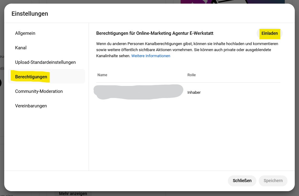YouTube Studio - Einstellungen - Berechtigungen